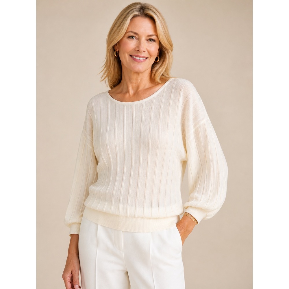 Chico's Womens Pleated Balloon Sleeve Ribbed Knit Top Size 3 XL Ivory Sweater